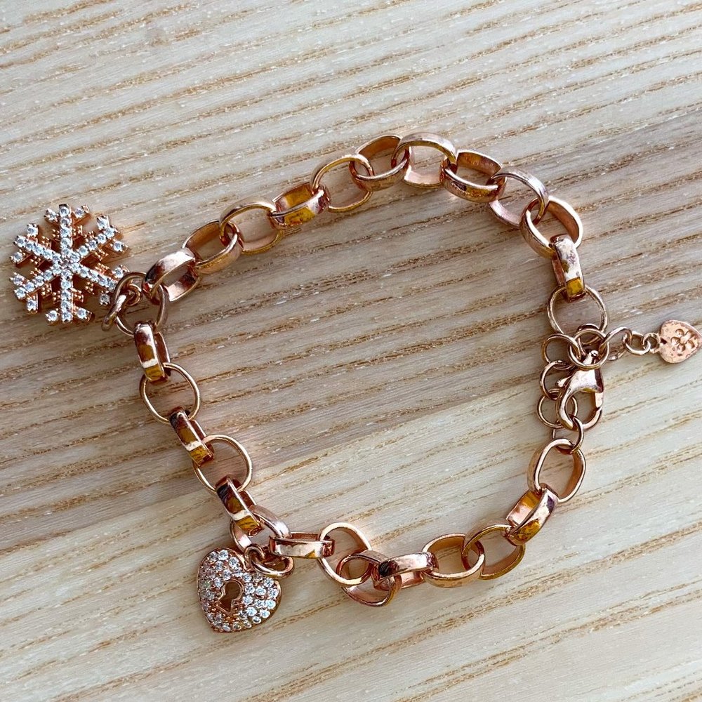 Rose Gold Bracelet with Snowflake and Heart Lock